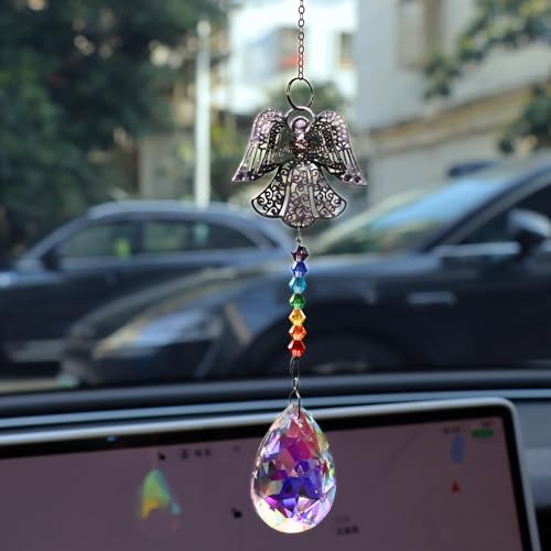 Crystal Sun Catcher for Car, Car Charms for Rear View Mirror,Angel Hanging Ornamentcar Sparkling Crystal Prism Decor, Cars Accessories for Women - color: Colorful F