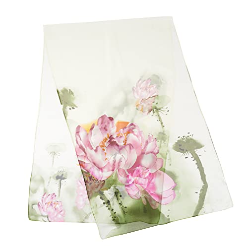 E-Clover Women Soft Floral Print Shawl Chiffon Sheer Scarf - color: Green Pink Lotus