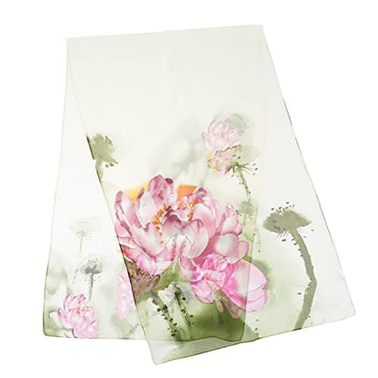 E-Clover Women Soft Floral Print Shawl Chiffon Sheer Scarf - color: Green Pink Lotus