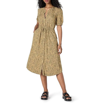 Amazon Essentials Women's Relaxed Fit Half-Sleeve Breathable Button Front Drawstring Waist Midi A-Line Dress with Pockets - color: Camel/Black - Mini Ikat Animal, size: Large