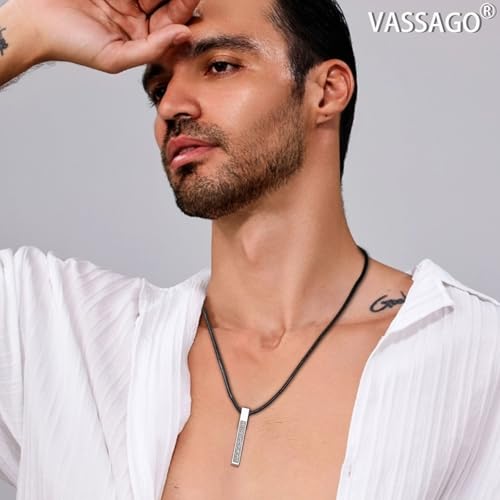 VASSAGO Islamic Ayatul Kursi Necklace for Women Men Stainless Steel/Leather Chain Muslim Allah Arabic 3D Bar Pendant Islam Eid Ramadan Gift Jewelry - color: Islamic Leather Necklace