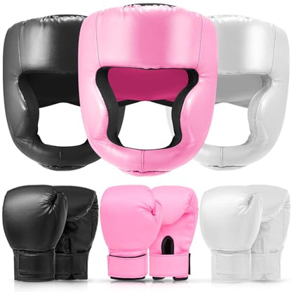 Kanayu 3 Pieces Boxing Headgear and 3 Pairs Gloves Set Shockproof Leather Boxing Helmet Safety Head Guard Punching Bag Gloves for Men Women Youth Beginners - color: Black, White