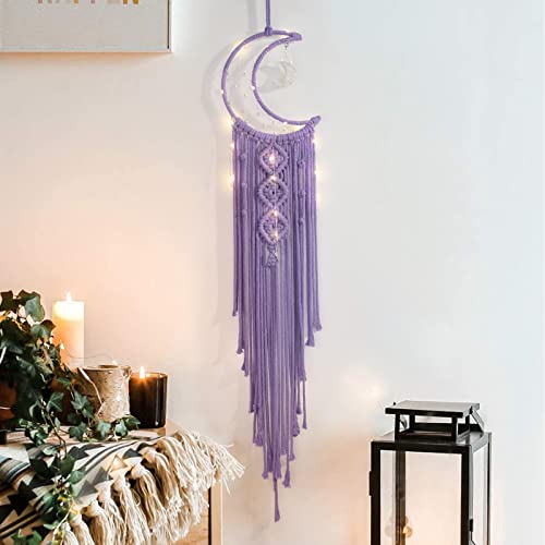 Boho Macrame Wall Hanging, Crochet Moon Star Dream Catcher with Light - color: Lavender, size: With Light