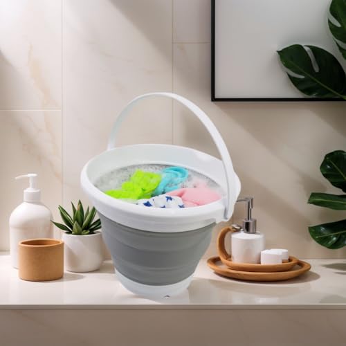 SAMMART 5.5L (1.4 Gallon) Set of 2 Collapsible Plastic Bucket - Foldable Round Tub - Portable Fishing Water Pail - Space Saving Outdoor Waterpot. (White/Grey) - color: White/Grey