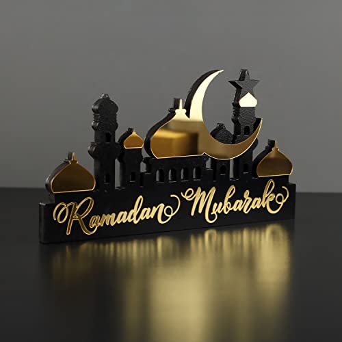 IWA Concept | Wooden Acrylic Islamic Tabletop Decors | Ramadan Kareem and Eid Mubarak Decoration | Islamic Muslim Gifts | Ramadan Eid Decoration | (Ramadan Mubarak, Gold) - color: Gold, size: Ramadan Mubarak