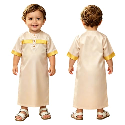 Toddler Ramadan Eid Outfit Traditional Middle Eastern Short-Sleeve Crew-Neck Thobe Kaftan Prayer Clothes - color: Champagne, size: 9-12 Months