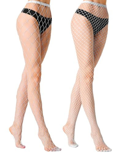 MengPa Women's Fishnets Tights High Waist Stockings Party Thigh High Pantyhose - color: 2pcs-white