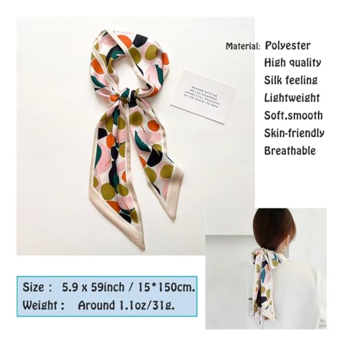 Silk Feeling Head Scarf Fashion Satin Hair Scarf Square Long Scarves for Women Gifts - color: 02 Leaves Pink 5.12 X 59 Inch