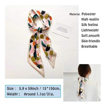 Silk Feeling Head Scarf Fashion Satin Hair Scarf Square Long Scarves for Women Gifts - color: 02 Leaves Pink 5.12 X 59 Inch