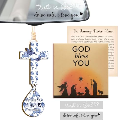 Cross for Car Mirror Hanging Christian Gifts for Men, Women - Scan Phone for Daily Bible Verse Car Rearview Decor Accessories, Rearview Mirror Faith Gift for Women, Butterfly Rose Design - color: Cross Blue Flower