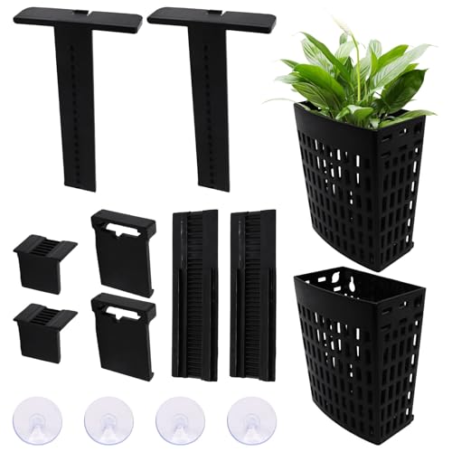 2PCS Upgraded Aquarium Plant Holder, Adjustable Height Thickness with Extension Hooks and Suction Cups for Fish Tank Aquaponics Plant Cultivation and Aquarium Landscape Decoration (Black) - color: Black