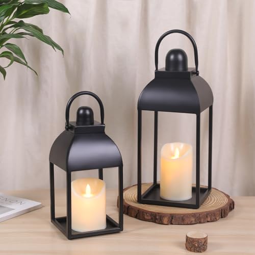 Lanterns Decorative Indoor 15" 11" Set of 2 Black Metal Lantern with Candle - color: Black, size: 15in and 11in
