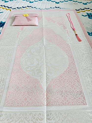 Muslim Prayer Rug and Beads with Elegant Slub Fabric Bag | Janamaz | Sajadah | Soft Islamic Prayer Rug | Islamic & Mawlid Gifts | Prayer Carpet Mat, Taffeta Fabric (Pink, 8 Sets) - color: Pink, size: 8 Sets