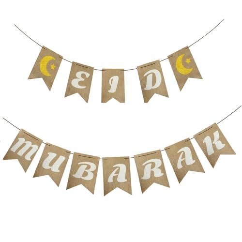 2 Pack Jute Burlap Eid Mubarak Banner with Moon and Star Ramadan for Muslim Party Home Mantel Fireplace Decoration Supplies