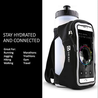 Gear Beast Running Water Bottle - 23 oz Reusable, Portable Water Bottle for Running, Walking, Hiking, Gym and Travel w/Zippered Phone Holder