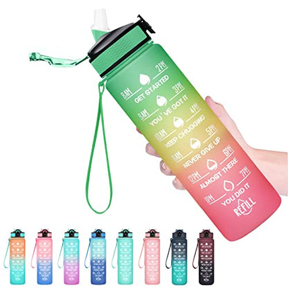 Hyeta Water Bottle with Straw & Time Marker, Plastic 32oz Leakproof | Motivational Tritan BPA Free Gym Office Outdoor Intake Tracker Hourly Reminder Straw Lid Carry Strap - color: Signal Lights