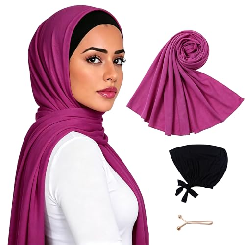 Hijab Scarf for Women, 3PCS Set with Undercap and Hijab Clip Lightweight Modal Muslim Head Wrap Scarf for Daily - color: Sy22-dark Fuchsia Hijab+black Undercap