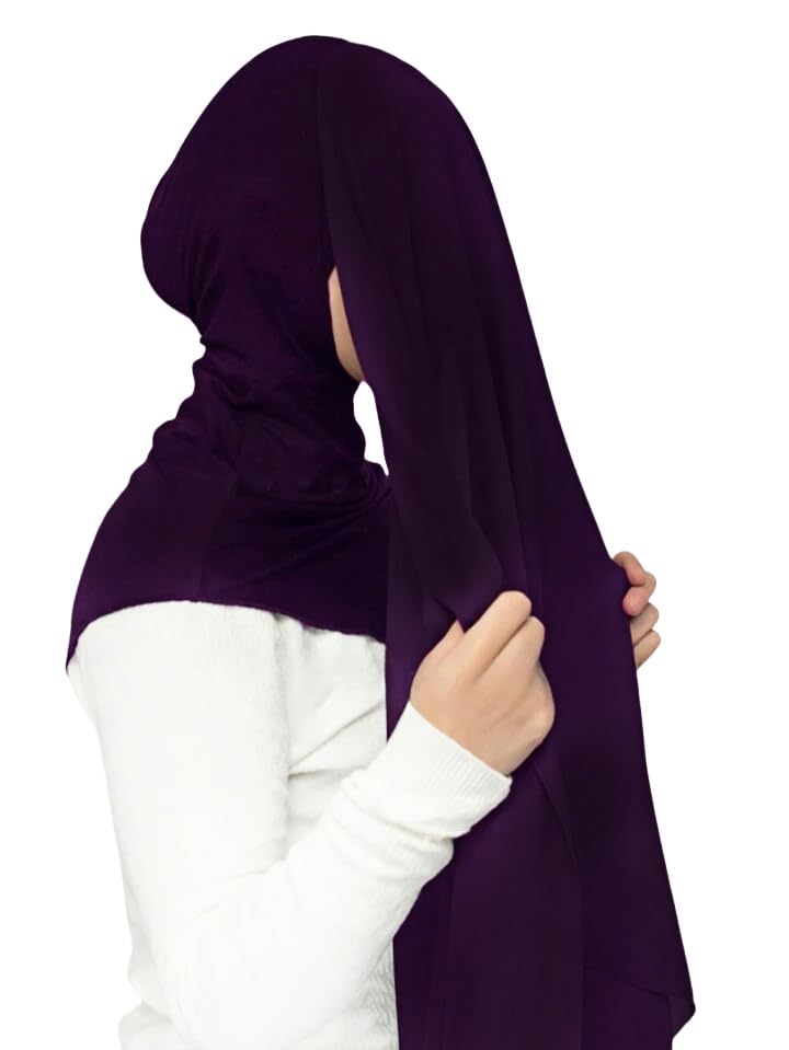 Lina & Lily Flowy Chiffon Instant Hijab Scarf Attached Jersey Ninja Undercap Full Coverage for Muslim Women - color: Dark Purple