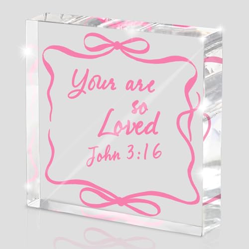 Pink Bow Inspirational Decor, Inspirational Bible Verse Quotes, Christian Gifts for Women, Coquette Aesthetic Bow Dorm Room Decoration, Office Desk Accessories Sign, Bible Verse Decor, 4 x 4 Inches - style: fen
