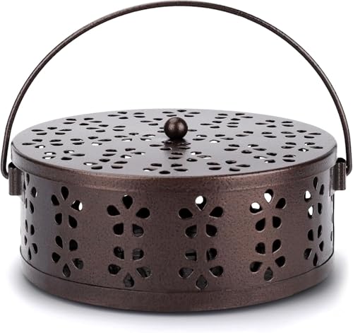4 Pcs Portable Mosquito Coil Holder with Lid, Round Heat-Resistant Iron Alloy Incense Burner Box for Outdoor Camping, Balcony, Patio, Travel (Bronze)