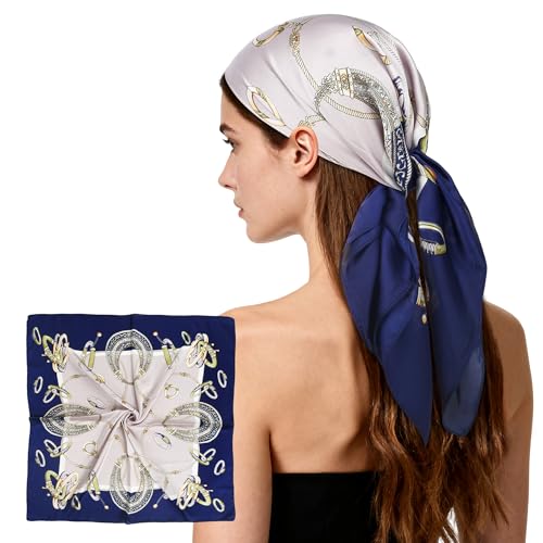 27" Head Scarf Like Satin Silk for Women,Hair Scarves Bandana,Headband Silk Feeling for Hair Wrap - color: Dark Blue and White Gold