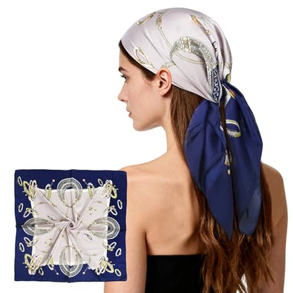 27" Head Scarf Like Satin Silk for Women,Hair Scarves Bandana,Headband Silk Feeling for Hair Wrap - color: Dark Blue and White Gold