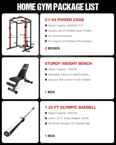 C1-V4 Power Cage, 2000LBS Squat Rack with LAT Pulldown, Multi-Function Weight Cage Strength Training Machine, Workout Cage with More Attachments for Home Gym Garage - style: RD Home Gym Package
