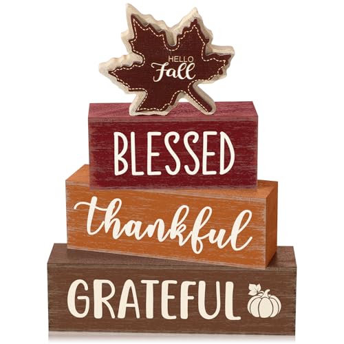 Yousoontic 4 Pcs Hello Fall Table Decorations, Maple Leaf Rustic Wooden Block Signs, Autumn Thanksgiving Tiered Tray Centerpiece Farmhouse Tabletop Decor for Office Desk Kitchen Entryway Home - style: Fall Maple Leaf