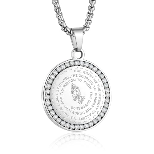 Serenity Prayer Necklace Praying Hands Coin Pendant for Men Women - color: D:Silver