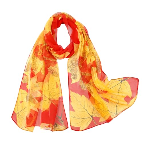 E-Clover Women Soft Floral Print Shawl Chiffon Sheer Scarf - color: Red Orange Leaves