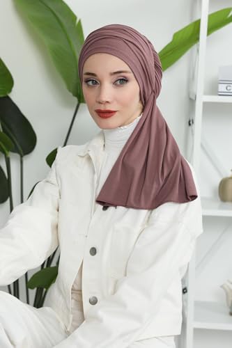 Aisha's Design Instant Hijab Scarves for Women, 95% Cotton Pretied Bonnet Turban Easy to Wear Cotton Headscarf - color: Dusty Rose