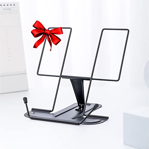 MSDADA Metal Book Stand for Desk, Adjustable Reading Rest Book Holder, Portable Cookbook Documents Holder, Sturdy Typing Stand for Recipes Textbooks Tablet Music Books with Page Clips (Black) - color: Black