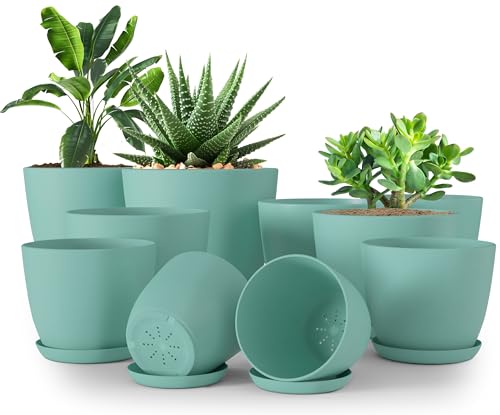 Plant Pots Indoor with Drainage, 10 Pack Multi-Size Planters Set, Aqua | Drainage holes included Multiple sizes 7/6.6/6/5.3/4.8 In Indoor plants and flowers Durable plastic construction - color: Aqua, size: Pack of 10