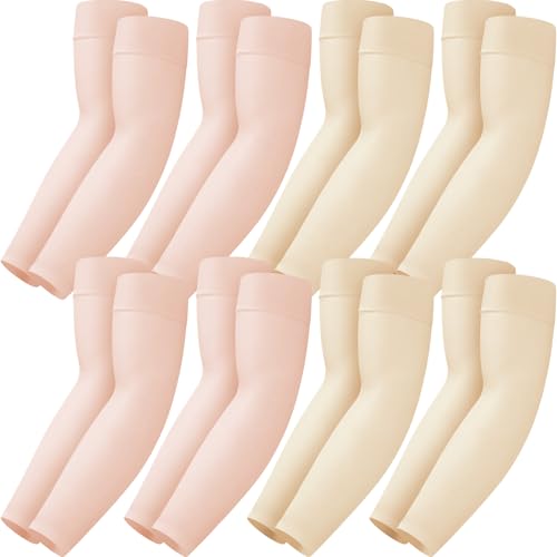 Mochabao 8 Pairs Soft Arm Sleeves, UV Sun Protection Cooling Compression Arm Covers for Outdoor Work, Sports, Men & Women - color: 4 Pink + 4 Nude