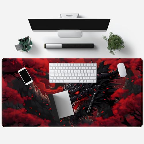 Huge Dragon Large Mouse Pad - Red and Black Mousepad, Big Full Keyboard and Mouse Pad with Stitched Edges, Anti-Slip, Funny Desk Pad, 31.5 X 15.8 in. - color: Red Black Dragon