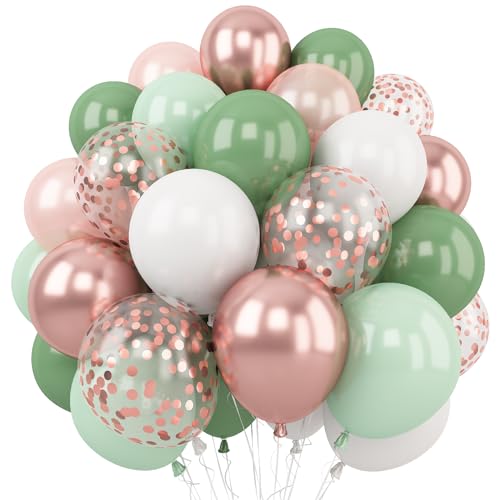 Sage Green Dusty Pink Balloon, 60 Packs 12 Inch Olive Green Retro Pink Balloon, Baby in Bloom Balloons for Girls Women Baby Shower Birthday Floral Fairy Party Woodland Party Decorations - color: Sage Green & Rose Gold