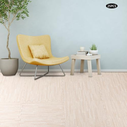 25 Pcs Wood Grain Floor,Thick Printed Foam Tiles, Patchwork Foam Mat, Foam Interlocking Tiles Mat, Exercise Puzzle Floor Mat Interlocking Tiles EVA &PE Foam 24''L x24''W (White, 24'' x24'') - color: White