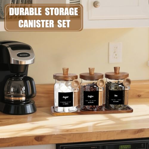 3 Pcs Glass Coffee Container with Wooden Lid Spoon Shelf Labels Clear Airtight Jar Food Storage Canister Set for Sugar Spice Coffee Bean Holder Housewarming Gift(20 oz,Acacia Brown) - size: 20 oz