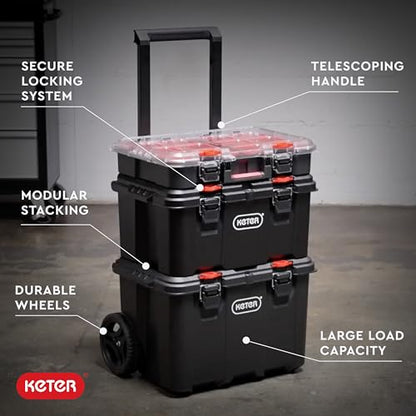 Keter Stack N Rolling Tool Box Modular Storage System 3 Piece | Black and Red, Heavy Duty, Weatherproof, All Terrain Wheels, Durable, Easy to Use, Telescoping Handle - color: Black/Red, size: 3PC System
