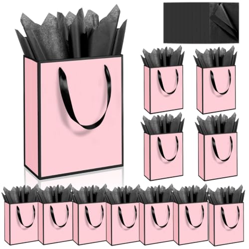 Epoesch 12 Pack Gift Bags with Handles & 12 Tissue Papers – 8x5x10 Inches - color: Pink Black, size: 1 Count (Pack of 12)