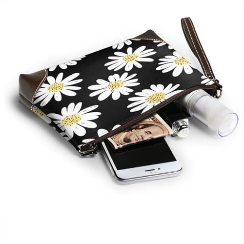 Leather Clutch Purse for Women, Large Capacity Wristlet Wallet with Removable Strap, Zip Handbag - color: Daisy Flowers