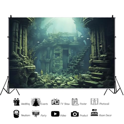 15x8ft Underwater Backdrop Undersea Roman Building Gothic Style Palace Mid Century Photography Background Aquarium Building Stone with Fish Seaweed Deep Sea Sunlight Decor - size: 15x8ft
