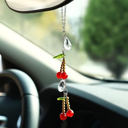Car Rear View Mirror Cherry Accessories Car Hanging Ornament,Cherry Rearview Decor Charm Handmade Crystal Beads Unique Cute Swinging Interior Decor for Women Men - color: Cherry