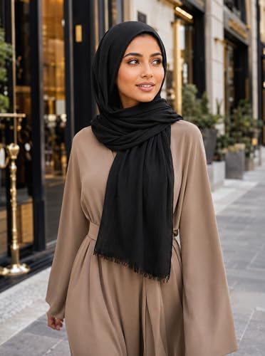 Cotton Linen Plain Hijab Scarf For Women,Muslim Viscose Crinkle Edge With Fringe,Summer Beach Wrap Headwraps Shawl - color: 1#black