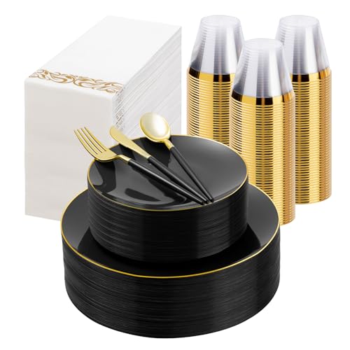 350 Pieces Black Gold Plastic Dinnerware Set, Gold Disposable Plates for Party, Include 100 Black Plates with 150 Plastic Cutlery, 50 Napkins and 50 Cups - color: Black, size: 50 Guests