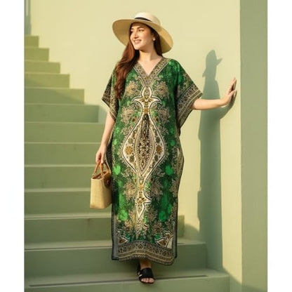 Women's Kaftan Dress – Loose Fit Maxi Gown – Kimono Style Beach Cover Up – Elegant Resort Wear and Nightwear - color: Green