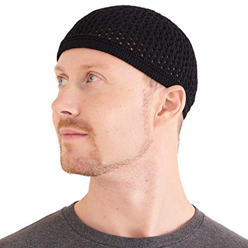 100% Cotton Skull Caps for Men, Knit Kufi Hat for Muslim Prayer, Women's Mesh Crochet Beanie, Ideal Head Wear During Summer - color: Black