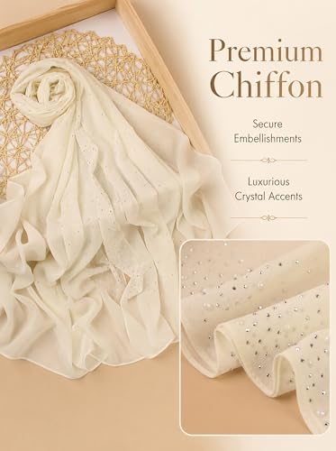 Chiffon Hijab Scarf for Women, Rhinestone Pearl Muslim Head Scarf, Lightweight Shawl Wrap - color: Beige