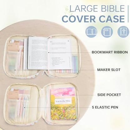 Bible Cover Case for Women Large Bible Cover with Durable Handle Quilted Bible Carrying Case for Girls Bible Study Supplies Accessories (Big Blue Flower, Big Blue Flower) - color: Big Blue Flower