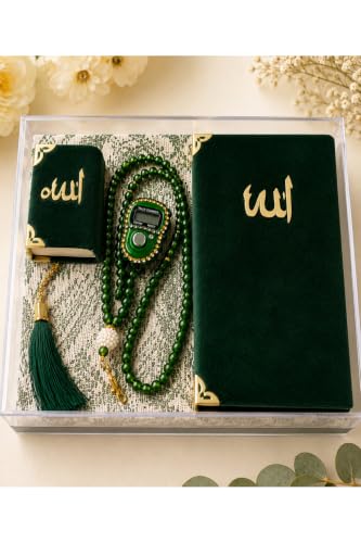SODEF Prayer Rug, Rosary, Zikirmatik, and Yasin Book Gift Set - 5-Piece Worship Set - Boxed Islamic Present - Green Color - 27.6 x 43.3 inches - Green, 28x43 inch